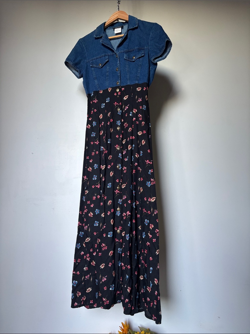Vintage 90βs Denim-Top Floral Maxi Shirt Dress Made in USA